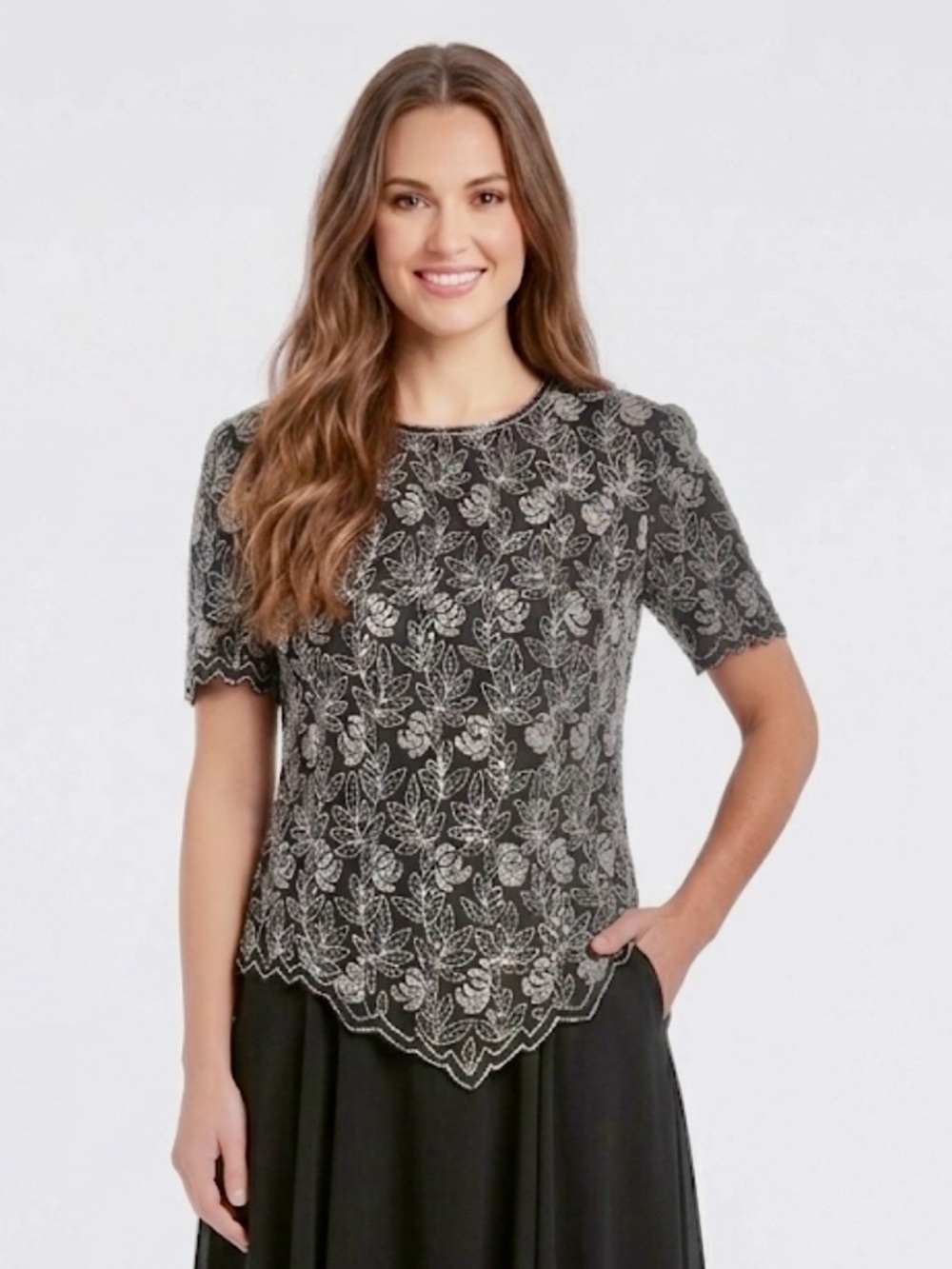 Papell Boutique Evening Silk Beaded Top Blouse-Formal--Size large